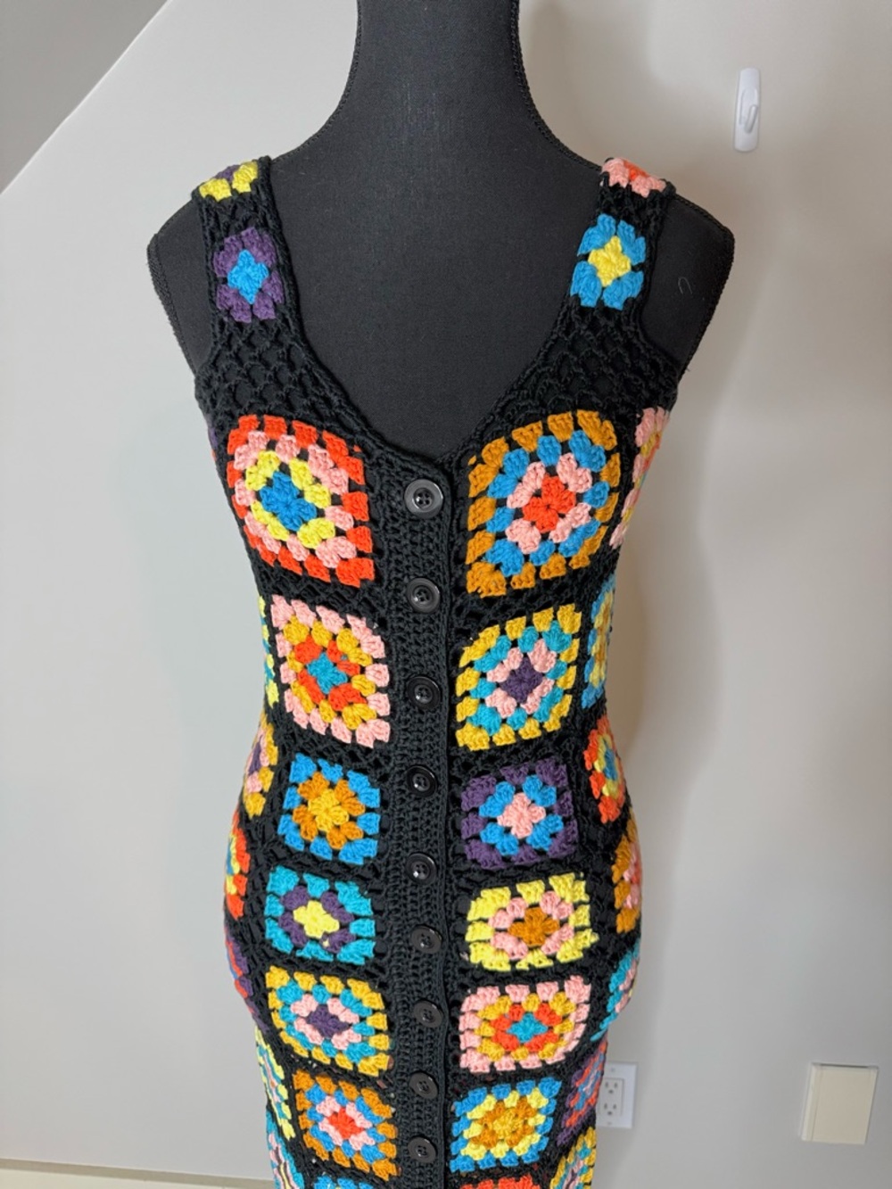 Crochet Knit Granny Square Button Down Maxi Dress Black Sleeveless Boho Medium - Picture 6 of 12